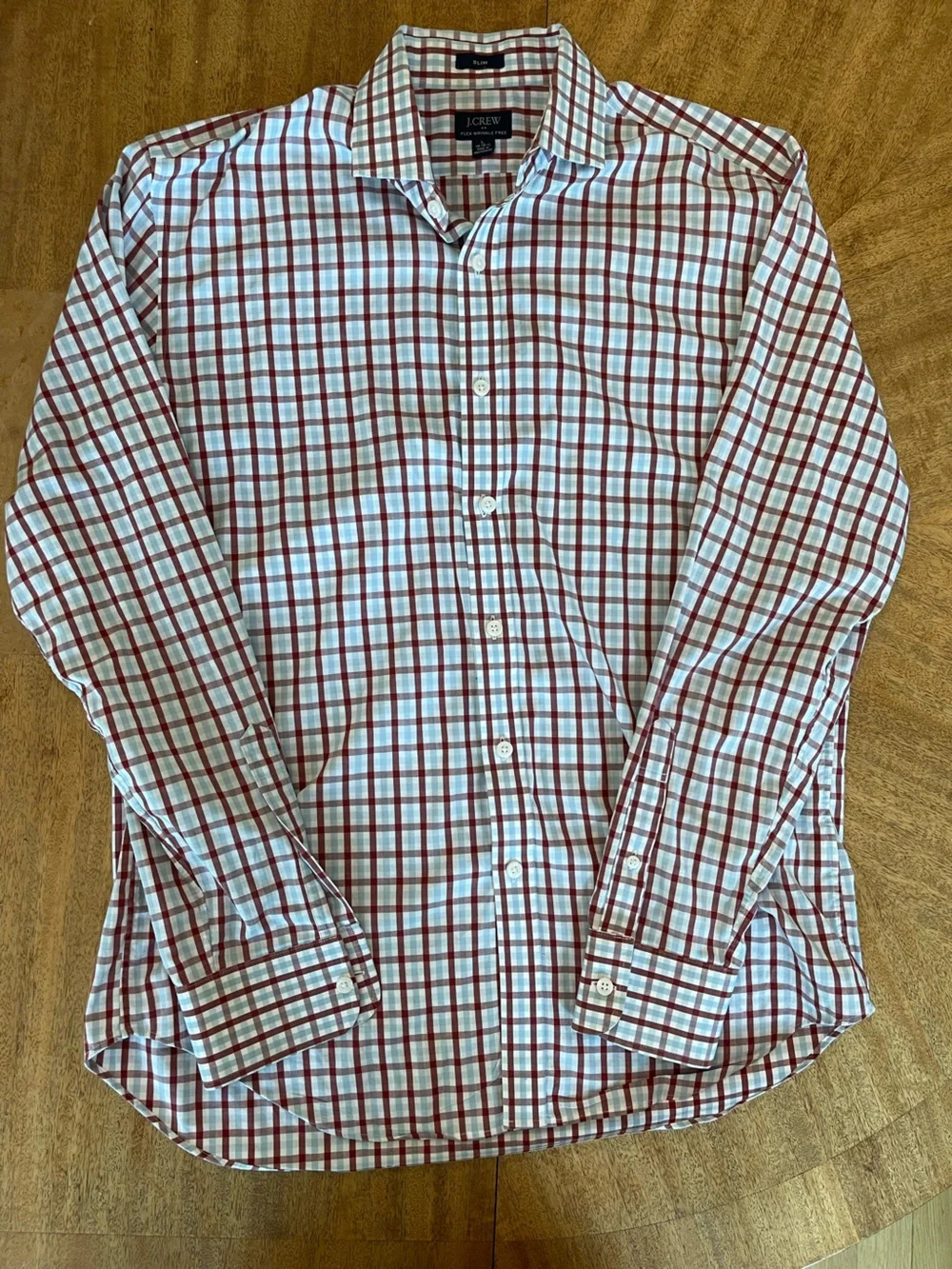 J. Crew White and Red Plaid Button-Down Shirt Men’s L slim flex wrinkle free